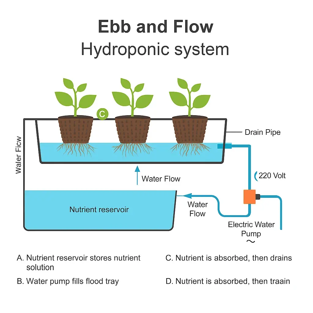 Ebb and Flow (Taşma-Çekilme) hidroponik sistem şeması. Besin çözeltisi depodan su pompası ile bitki köklerinin bulunduğu tabla içine gönderilir, kökler tarafından emilir ve ardından fazla besin çözeltisi tekrar depoya geri akar. Sistem periyodik olarak çalışır